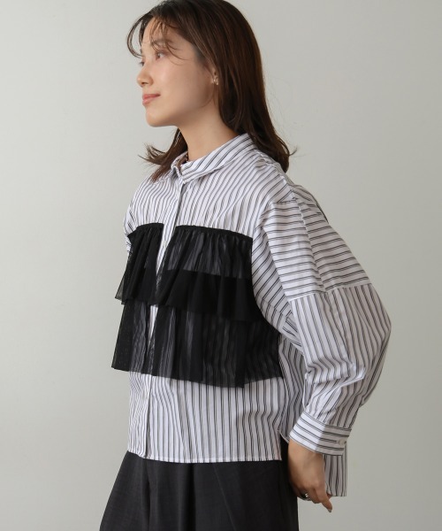 【セール】ストライプチュールフリルシャツ（Tシャツ/カットソー）｜Bou Jeloud（ブージュルード）