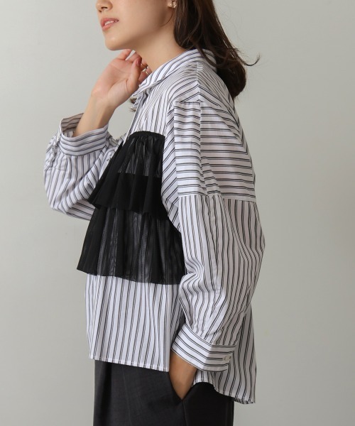 【セール】ストライプチュールフリルシャツ（Tシャツ/カットソー）｜Bou Jeloud（ブージュルード）