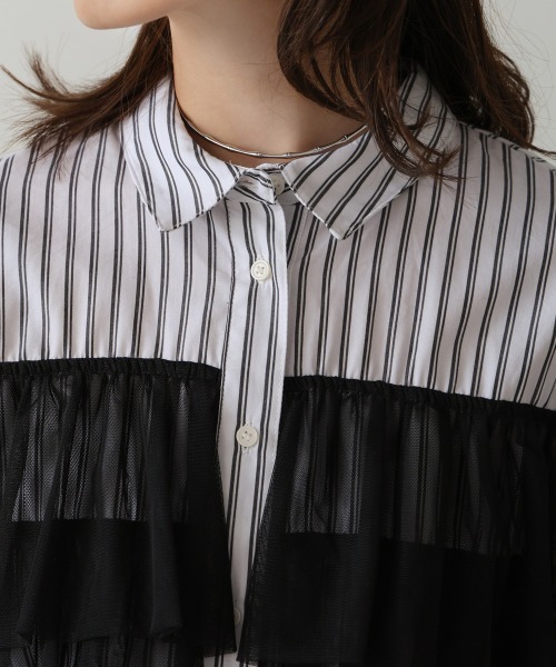 【セール】ストライプチュールフリルシャツ（Tシャツ/カットソー）｜Bou Jeloud（ブージュルード）