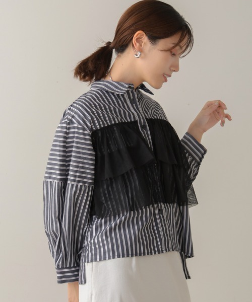 【セール】ストライプチュールフリルシャツ（Tシャツ/カットソー）｜Bou Jeloud（ブージュルード）