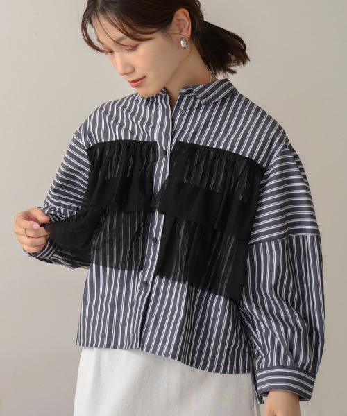 【セール】ストライプチュールフリルシャツ（Tシャツ/カットソー）｜Bou Jeloud（ブージュルード）