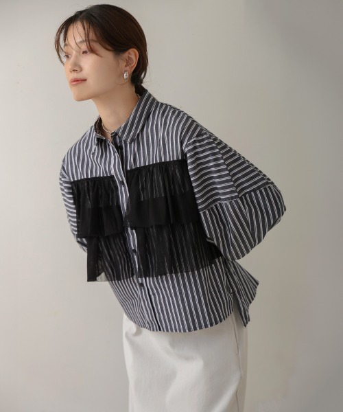 【セール】ストライプチュールフリルシャツ（Tシャツ/カットソー）｜Bou Jeloud（ブージュルード）