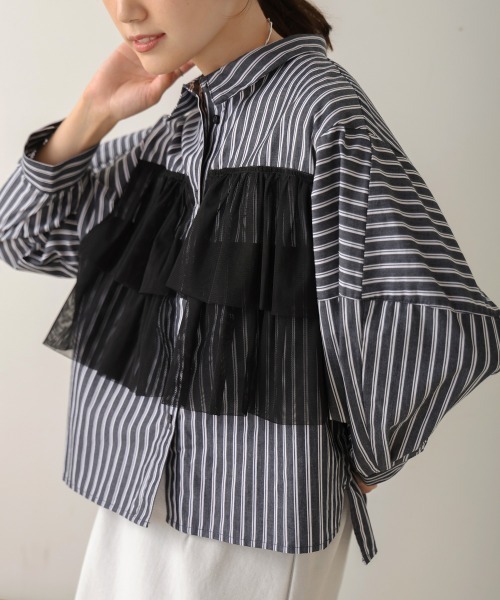 【セール】ストライプチュールフリルシャツ（Tシャツ/カットソー）｜Bou Jeloud（ブージュルード）