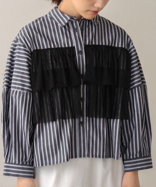 【セール】ストライプチュールフリルシャツ（Tシャツ/カットソー）｜Bou Jeloud（ブージュルード）