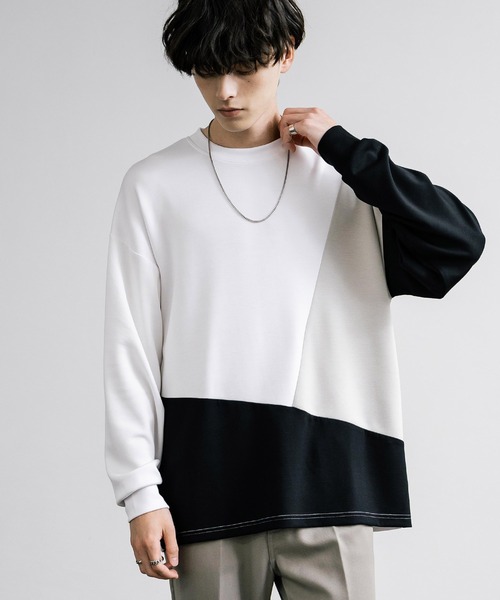 Rocky Monroe(ロッキーモンロー)の「オーバーサイズソフトダンボール長袖Tシャツ配色ステッチ/配色切替(Tシャツ/カットソー・メンズ・ブラック系/ホワイト/ホワイト系/サックスブルー/ブラック/グレー系/アッシュ・L/M/LL)」の3枚目の写真