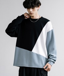 オーバーサイズソフトダンボール長袖Tシャツ配色ステッチ/配色切替