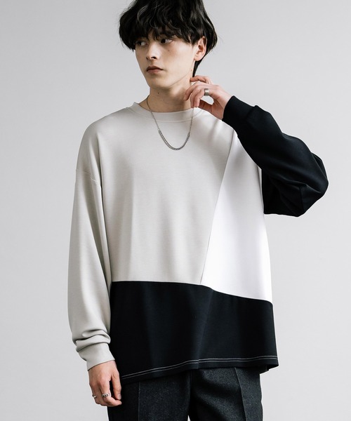 Rocky Monroe(ロッキーモンロー)の「オーバーサイズソフトダンボール長袖Tシャツ配色ステッチ/配色切替(Tシャツ/カットソー・メンズ・ブラック系/ホワイト/ホワイト系/サックスブルー/ブラック/グレー系/アッシュ・L/M/LL)」の7枚目の写真