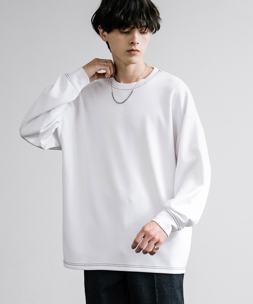 Rocky Monroe(ロッキーモンロー)の「オーバーサイズソフトダンボール長袖Tシャツ配色ステッチ/配色切替(Tシャツ/カットソー・メンズ・ブラック系/ホワイト/ホワイト系/サックスブルー/ブラック/グレー系/アッシュ・L/M/LL)」の2枚目の写真