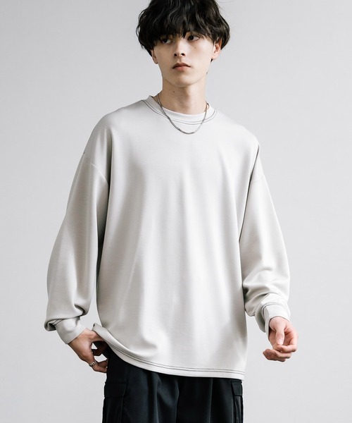 Rocky Monroe(ロッキーモンロー)の「オーバーサイズソフトダンボール長袖Tシャツ配色ステッチ/配色切替(Tシャツ/カットソー・メンズ・ブラック系/ホワイト/ホワイト系/サックスブルー/ブラック/グレー系/アッシュ・L/M/LL)」の6枚目の写真