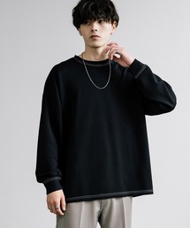 オーバーサイズソフトダンボール長袖Tシャツ配色ステッチ/配色切替