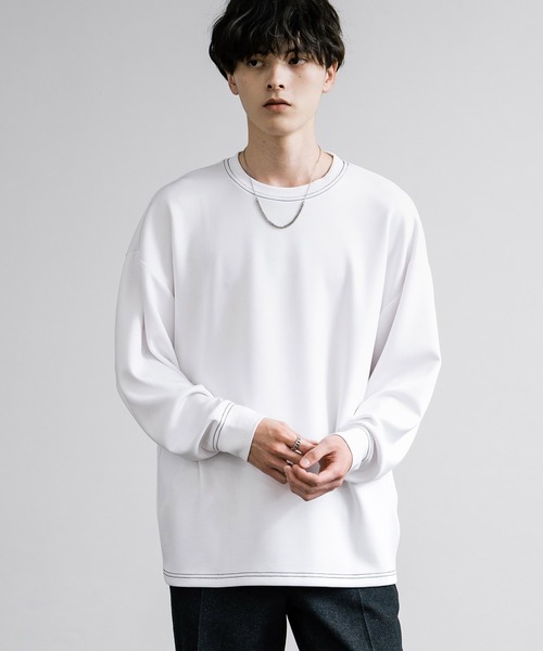 Rocky Monroe(ロッキーモンロー)の「オーバーサイズソフトダンボール長袖Tシャツ配色ステッチ/配色切替(Tシャツ/カットソー・メンズ・ブラック系/ホワイト/ホワイト系/サックスブルー/ブラック/グレー系/アッシュ・L/M/LL)」の8枚目の写真