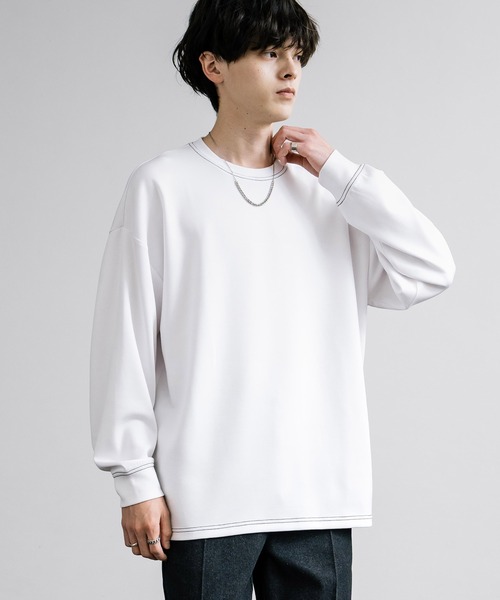 Rocky Monroe(ロッキーモンロー)の「オーバーサイズソフトダンボール長袖Tシャツ配色ステッチ/配色切替(Tシャツ/カットソー・メンズ・ブラック系/ホワイト/ホワイト系/サックスブルー/ブラック/グレー系/アッシュ・L/M/LL)」の9枚目の写真