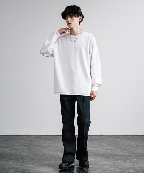 Rocky Monroe(ロッキーモンロー)の「オーバーサイズソフトダンボール長袖Tシャツ配色ステッチ/配色切替(Tシャツ/カットソー・メンズ・ブラック系/ホワイト/ホワイト系/サックスブルー/ブラック/グレー系/アッシュ・L/M/LL)」の11枚目の写真