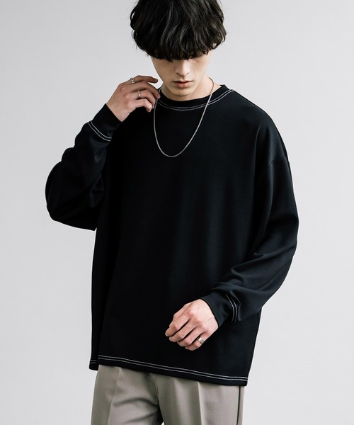 Rocky Monroe(ロッキーモンロー)の「オーバーサイズソフトダンボール長袖Tシャツ配色ステッチ/配色切替(Tシャツ/カットソー・メンズ・ブラック系/ホワイト/ホワイト系/サックスブルー/ブラック/グレー系/アッシュ・L/M/LL)」の16枚目の写真