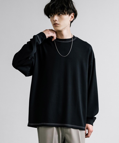 Rocky Monroe(ロッキーモンロー)の「オーバーサイズソフトダンボール長袖Tシャツ配色ステッチ/配色切替(Tシャツ/カットソー・メンズ・ブラック系/ホワイト/ホワイト系/サックスブルー/ブラック/グレー系/アッシュ・L/M/LL)」の17枚目の写真