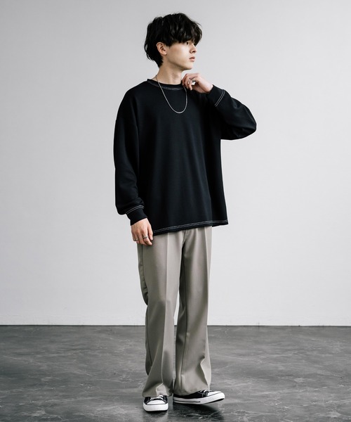 Rocky Monroe(ロッキーモンロー)の「オーバーサイズソフトダンボール長袖Tシャツ配色ステッチ/配色切替(Tシャツ/カットソー・メンズ・ブラック系/ホワイト/ホワイト系/サックスブルー/ブラック/グレー系/アッシュ・L/M/LL)」の18枚目の写真