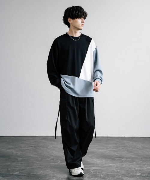 Rocky Monroe(ロッキーモンロー)の「オーバーサイズソフトダンボール長袖Tシャツ配色ステッチ/配色切替(Tシャツ/カットソー・メンズ・ブラック系/ホワイト/ホワイト系/サックスブルー/ブラック/グレー系/アッシュ・L/M/LL)」の22枚目の写真