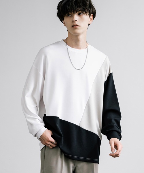 Rocky Monroe(ロッキーモンロー)の「オーバーサイズソフトダンボール長袖Tシャツ配色ステッチ/配色切替(Tシャツ/カットソー・メンズ・ブラック系/ホワイト/ホワイト系/サックスブルー/ブラック/グレー系/アッシュ・L/M/LL)」の12枚目の写真