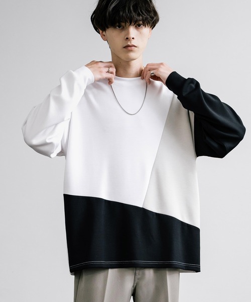 Rocky Monroe(ロッキーモンロー)の「オーバーサイズソフトダンボール長袖Tシャツ配色ステッチ/配色切替(Tシャツ/カットソー・メンズ・ブラック系/ホワイト/ホワイト系/サックスブルー/ブラック/グレー系/アッシュ・L/M/LL)」の13枚目の写真