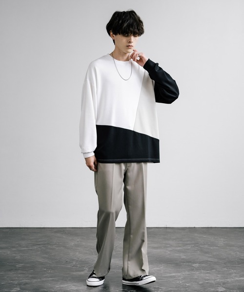Rocky Monroe(ロッキーモンロー)の「オーバーサイズソフトダンボール長袖Tシャツ配色ステッチ/配色切替(Tシャツ/カットソー・メンズ・ブラック系/ホワイト/ホワイト系/サックスブルー/ブラック/グレー系/アッシュ・L/M/LL)」の14枚目の写真