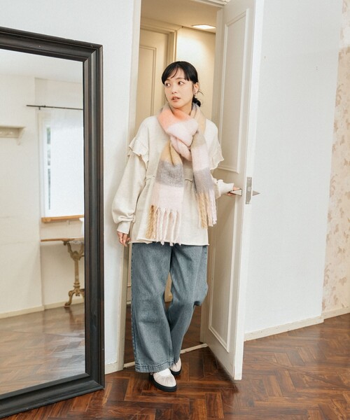 FREAK'S STORE(フリークスストア)の「ボリューム チェック フリンジマフラー(マフラー・レディース・イエロー/ブラウン/ピンク/サックスブルー・ONE SIZE)」の6枚目の写真