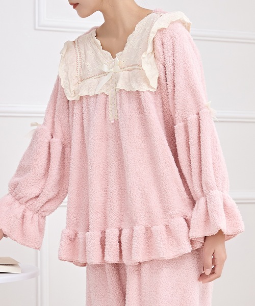 セール】Vネック フリル リボン ふわもこ ルームウエア（ルームウェア