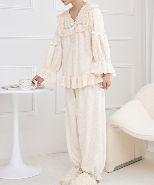 Vネック フリル リボン ふわもこ ルームウエア（ルームウェア/パジャマ