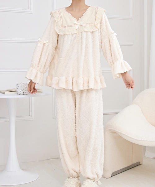 セール】Vネック フリル リボン ふわもこ ルームウエア（ルームウェア