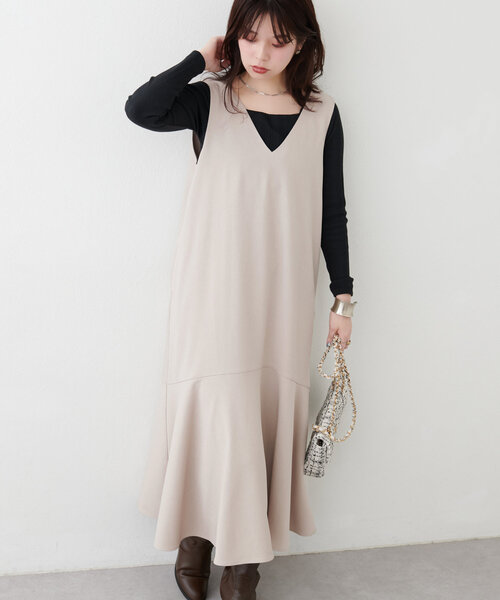 natural couture(ナチュラルクチュール)の「【mamamo】共ベルト付きジャンスカ(ワンピース・レディース・チャコールグレー/ライトベージュ/ブラック/その他1/その他2・FREE)」の4枚目の写真