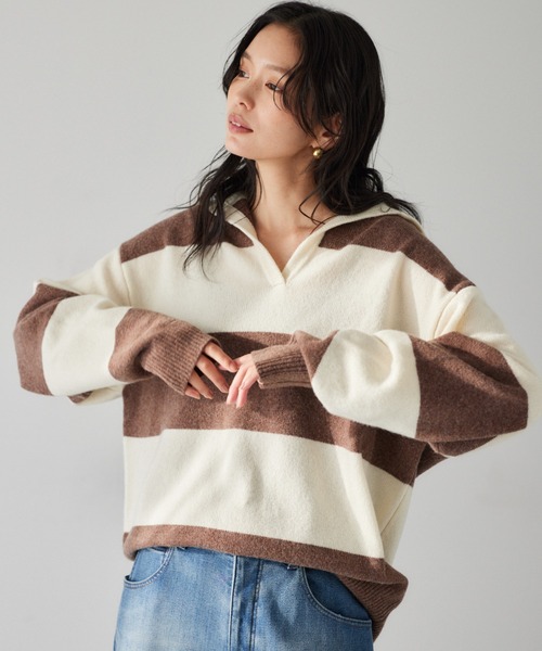 BARNYARDSTORM(バンヤードストーム)の「BARNYARDSTORM / ラガーニット 【YouTube「i.style closet」紹介アイテム】(ニット/セーター・レディース・ネイビー/オフホワイト/ブラウン/ホワイト・FREE)」の1枚目の写真