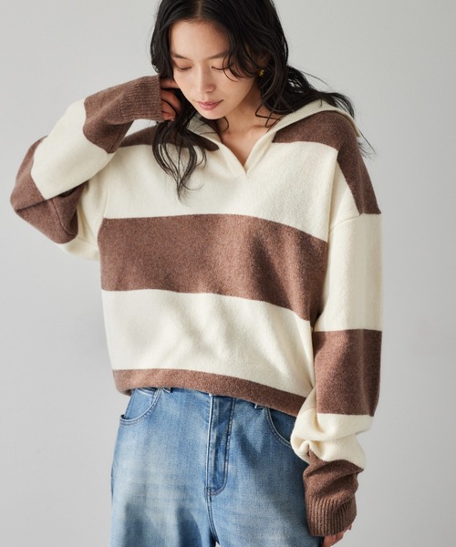 BARNYARDSTORM(バンヤードストーム)の「BARNYARDSTORM / ラガーニット 【YouTube「i.style closet」紹介アイテム】(ニット/セーター・レディース・ネイビー/オフホワイト/ブラウン/ホワイト・FREE)」の5枚目の写真