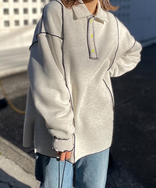 【セール】【2024新作！】ウラケ裏起毛 配色メロー オーバーサイズ ポロスウェット（スウェット）｜mi via loca（ミヴィアロカ）