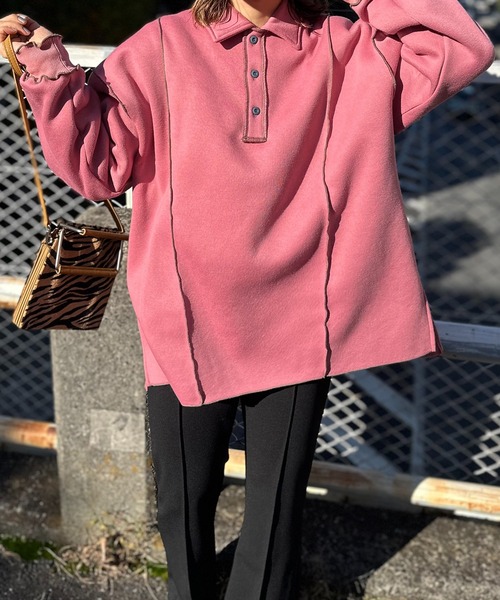 【セール】【2024新作！】ウラケ裏起毛 配色メロー オーバーサイズ ポロスウェット（スウェット）｜mi via loca（ミヴィアロカ）