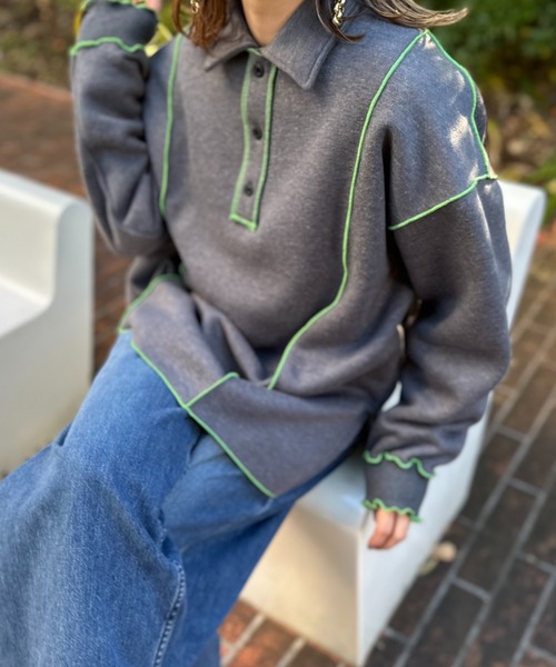 【セール】【2024新作！】ウラケ裏起毛 配色メロー オーバーサイズ ポロスウェット（スウェット）｜mi via loca（ミヴィアロカ）