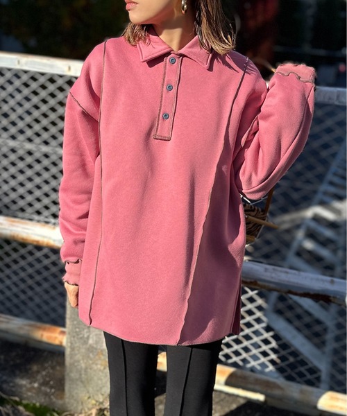 【セール】【2024新作！】ウラケ裏起毛 配色メロー オーバーサイズ ポロスウェット（スウェット）｜mi via loca（ミヴィアロカ）