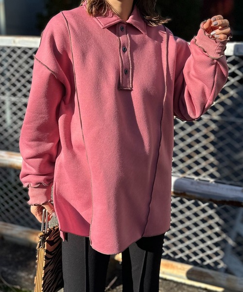 【セール】【2024新作！】ウラケ裏起毛 配色メロー オーバーサイズ ポロスウェット（スウェット）｜mi via loca（ミヴィアロカ）