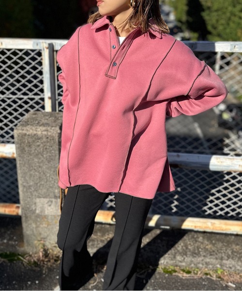 【セール】【2024新作！】ウラケ裏起毛 配色メロー オーバーサイズ ポロスウェット（スウェット）｜mi via loca（ミヴィアロカ）