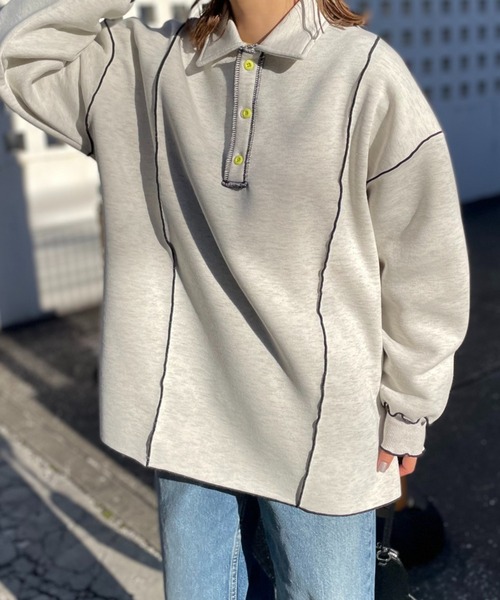 【セール】【2024新作！】ウラケ裏起毛 配色メロー オーバーサイズ ポロスウェット（スウェット）｜mi via loca（ミヴィアロカ）