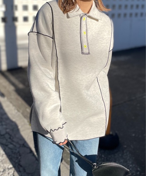 【セール】【2024新作！】ウラケ裏起毛 配色メロー オーバーサイズ ポロスウェット（スウェット）｜mi via loca（ミヴィアロカ）