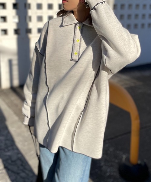 【セール】【2024新作！】ウラケ裏起毛 配色メロー オーバーサイズ ポロスウェット（スウェット）｜mi via loca（ミヴィアロカ）