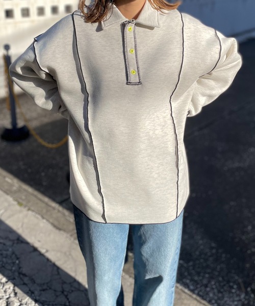 【セール】【2024新作！】ウラケ裏起毛 配色メロー オーバーサイズ ポロスウェット（スウェット）｜mi via loca（ミヴィアロカ）