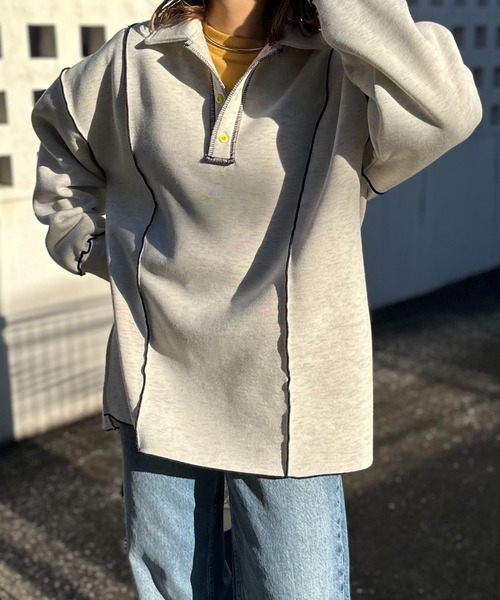 【セール】【2024新作！】ウラケ裏起毛 配色メロー オーバーサイズ ポロスウェット（スウェット）｜mi via loca（ミヴィアロカ）