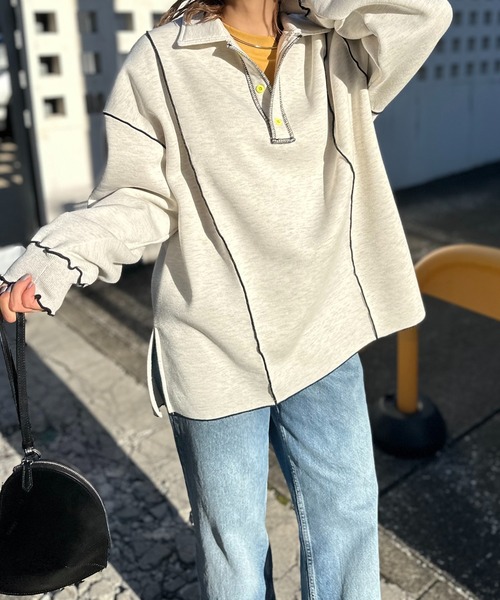 【セール】【2024新作！】ウラケ裏起毛 配色メロー オーバーサイズ ポロスウェット（スウェット）｜mi via loca（ミヴィアロカ）