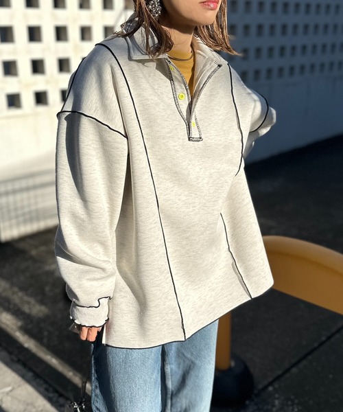 【セール】【2024新作！】ウラケ裏起毛 配色メロー オーバーサイズ ポロスウェット（スウェット）｜mi via loca（ミヴィアロカ）