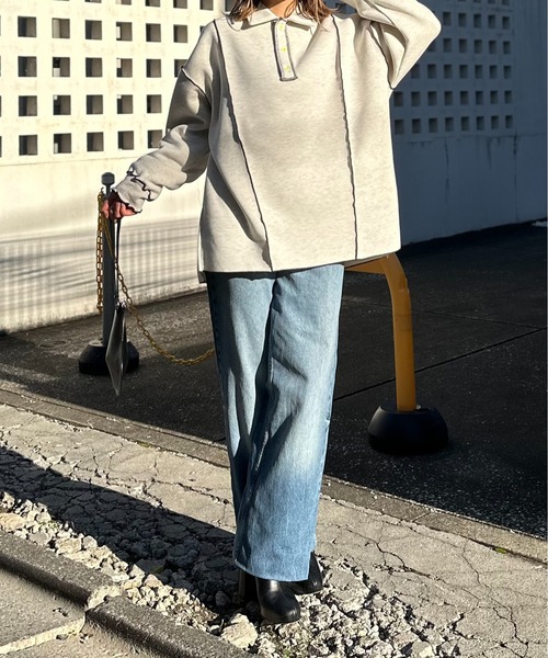 【セール】【2024新作！】ウラケ裏起毛 配色メロー オーバーサイズ ポロスウェット（スウェット）｜mi via loca（ミヴィアロカ）