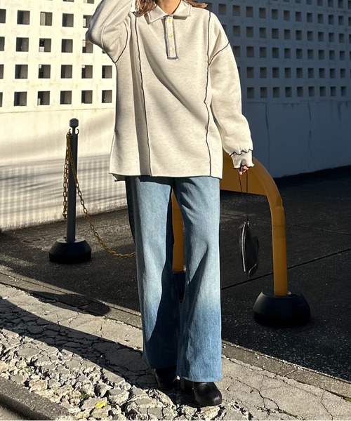 【セール】【2024新作！】ウラケ裏起毛 配色メロー オーバーサイズ ポロスウェット（スウェット）｜mi via loca（ミヴィアロカ）