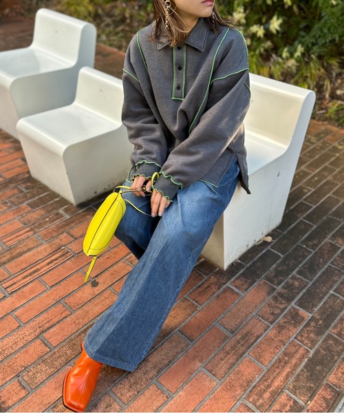 【セール】【2024新作！】ウラケ裏起毛 配色メロー オーバーサイズ ポロスウェット（スウェット）｜mi via loca（ミヴィアロカ）