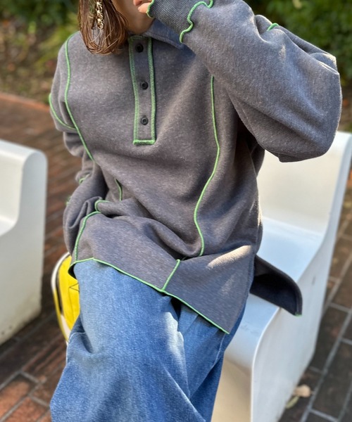 【セール】【2024新作！】ウラケ裏起毛 配色メロー オーバーサイズ ポロスウェット（スウェット）｜mi via loca（ミヴィアロカ）