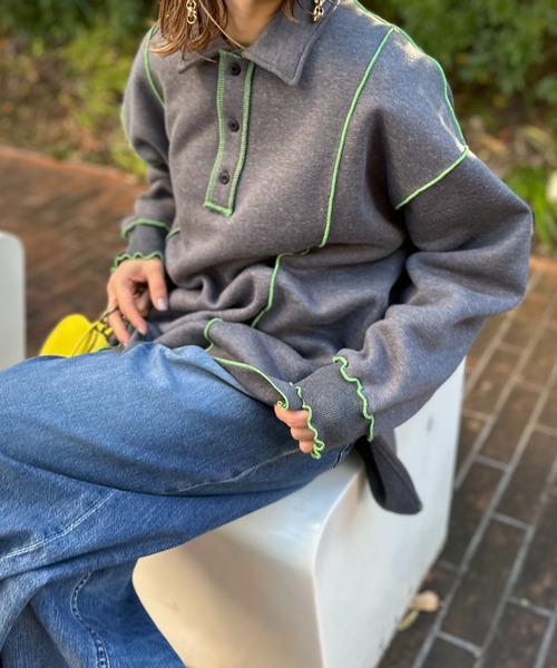 【セール】【2024新作！】ウラケ裏起毛 配色メロー オーバーサイズ ポロスウェット（スウェット）｜mi via loca（ミヴィアロカ）