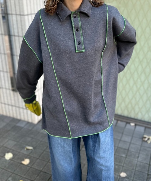 【セール】【2024新作！】ウラケ裏起毛 配色メロー オーバーサイズ ポロスウェット（スウェット）｜mi via loca（ミヴィアロカ）